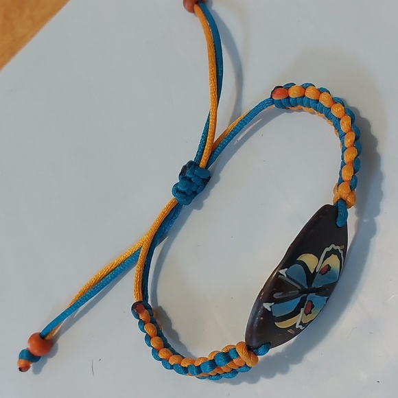 Orange Blue Adjustable Corded Bracelet BOHO Butterfly Painted Ankle - Picture 3 of 3